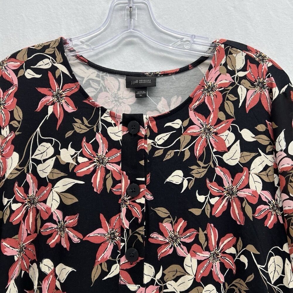 J Jill Wearever Collection Dress Women XL Black Floral Long Sleeve HenleyStretch - Picture 2 of 10
